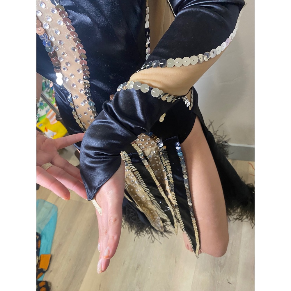 Vintage 60s Competition Figure Skating Dress Sequin Feather Black Vegas Showgirl - Picture 9 of 9